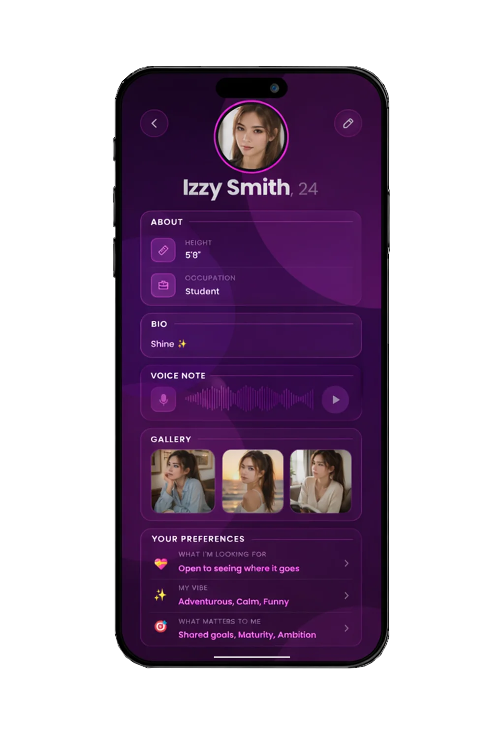 A Fate member profile with voice note, vibe and values
